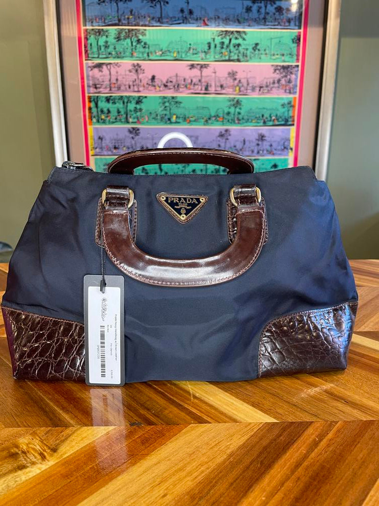 Prada Navy Handbag w/ Brown Leather