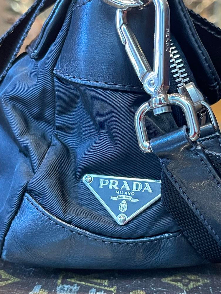 Prada Black Leather/Nylon Buckle Shoulder Bag