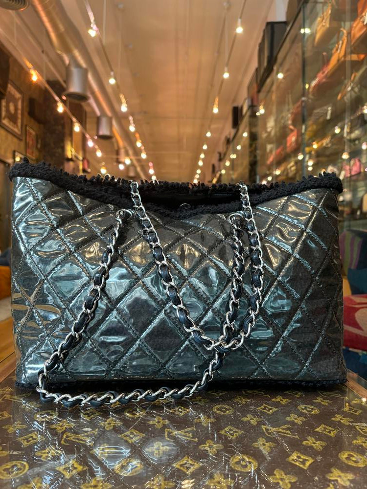 Chanel Coated Tweed Chain Shoulder Tote Black