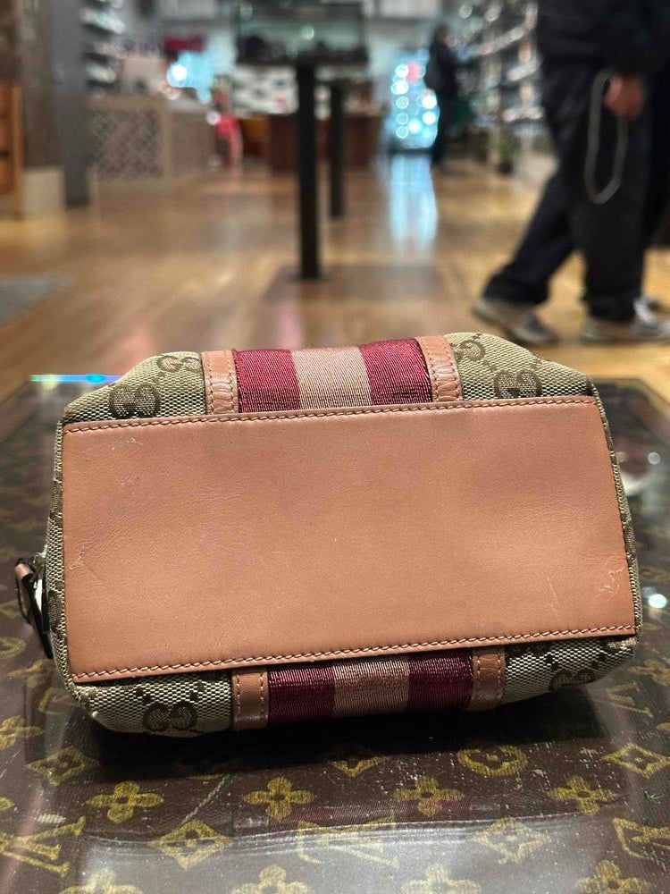 Gucci Pink Stripe GG Canvas Leather Pouch Beige