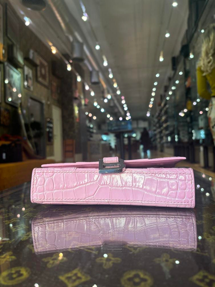 Balenciaga Pink Croc Hourglass Leather Chain Bag