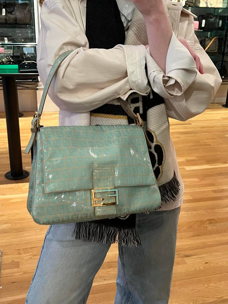 Fendi FF Teal Vinyl Coated Mamma Baguette