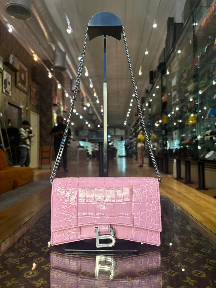 Balenciaga Pink Croc Hourglass Leather Chain Bag