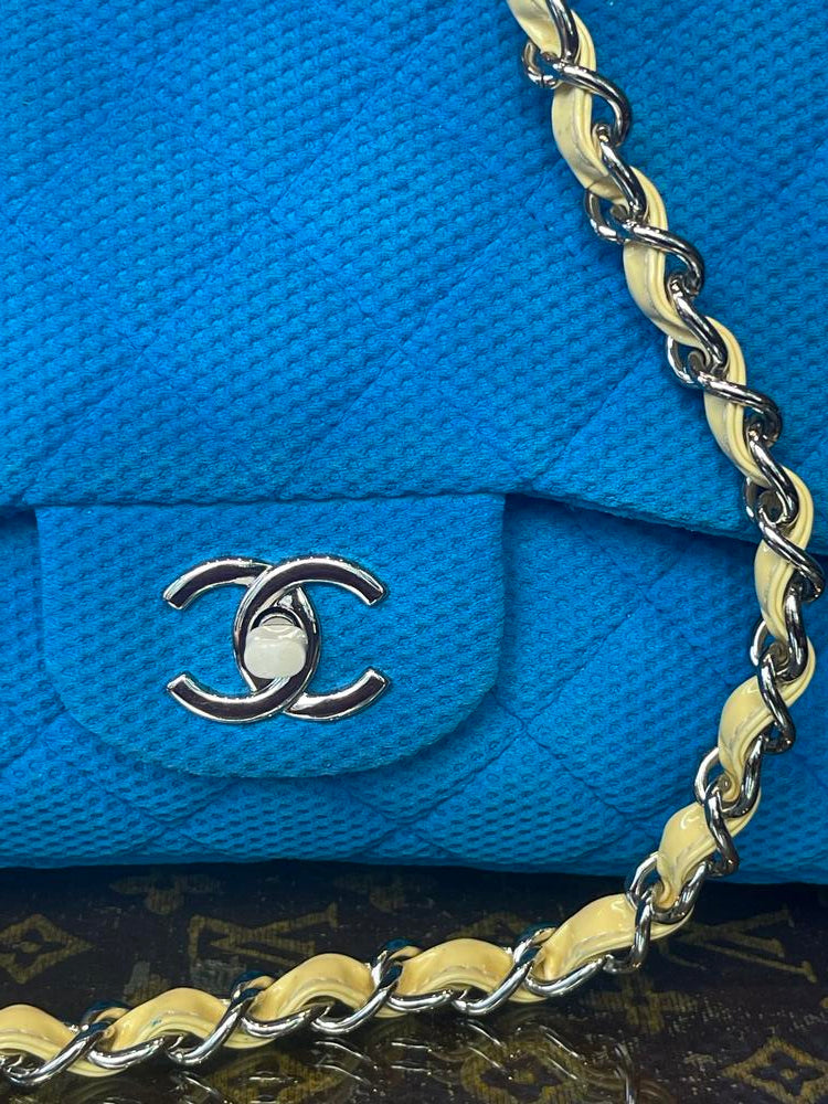 Chanel Blue Quilted Fabric Jumbo Flap Bag