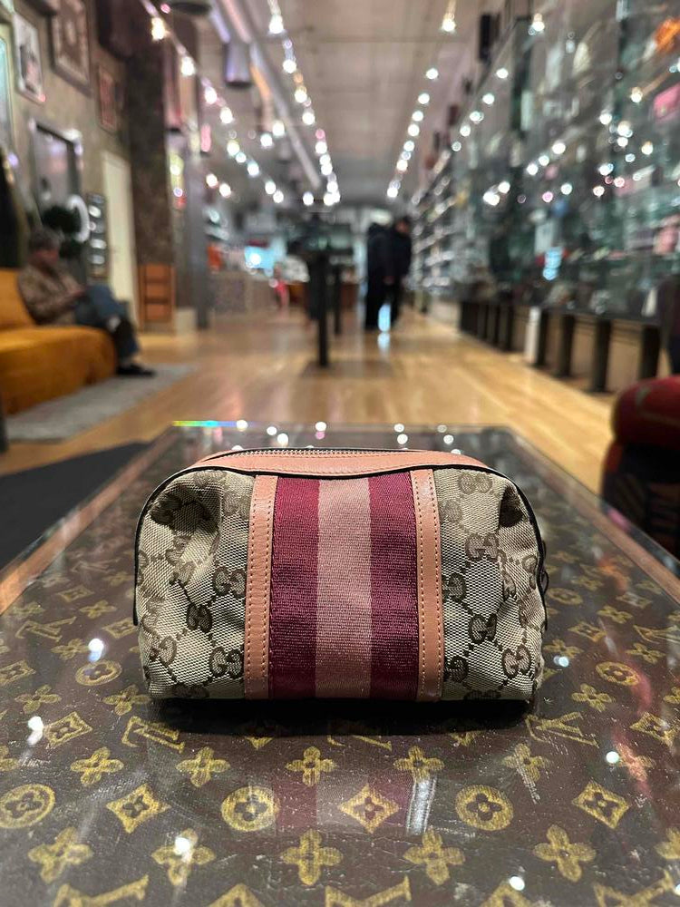 Gucci Pink Stripe GG Canvas Leather Pouch Beige