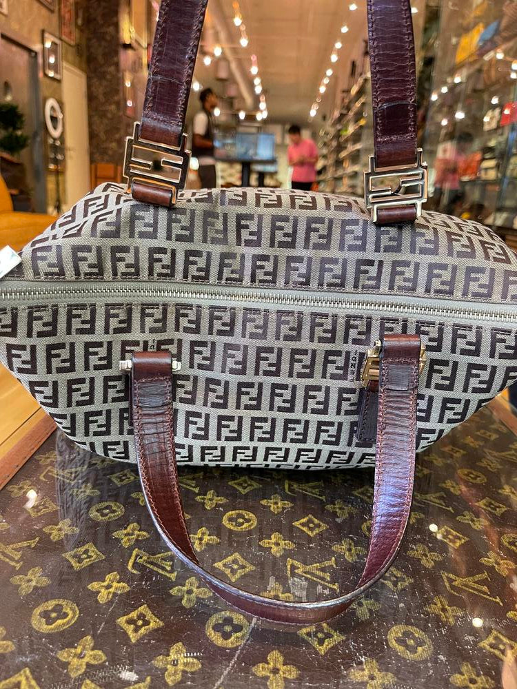 Fendi Canvas/Leather Zip Logo Handbag