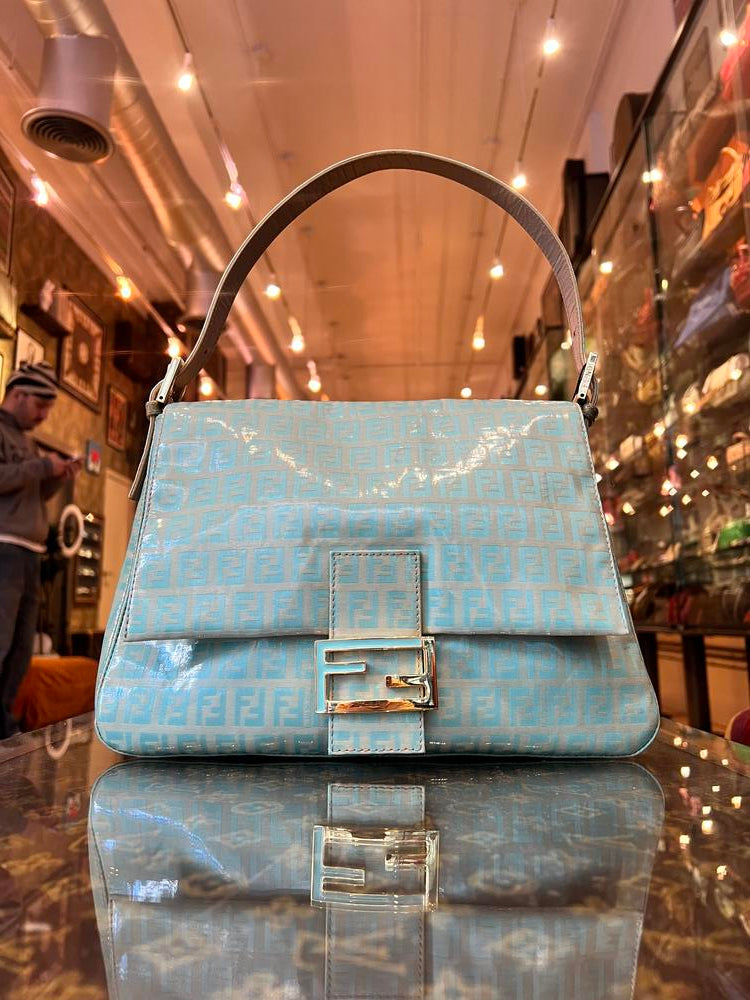 Fendi FF Teal Vinyl Coated Mamma Baguette