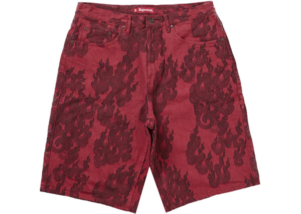 Supreme Flames Jacquard Baggy Denim Short Washed Red