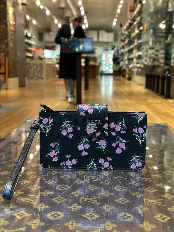 Prada Saffiano Floral Snap Wristlet Wallet Black