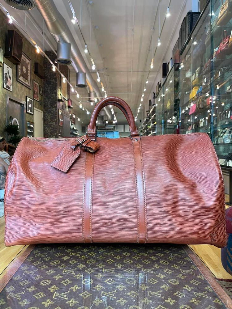 Louis Vuitton Epi Keepall 50 Brown w/ luggage tag