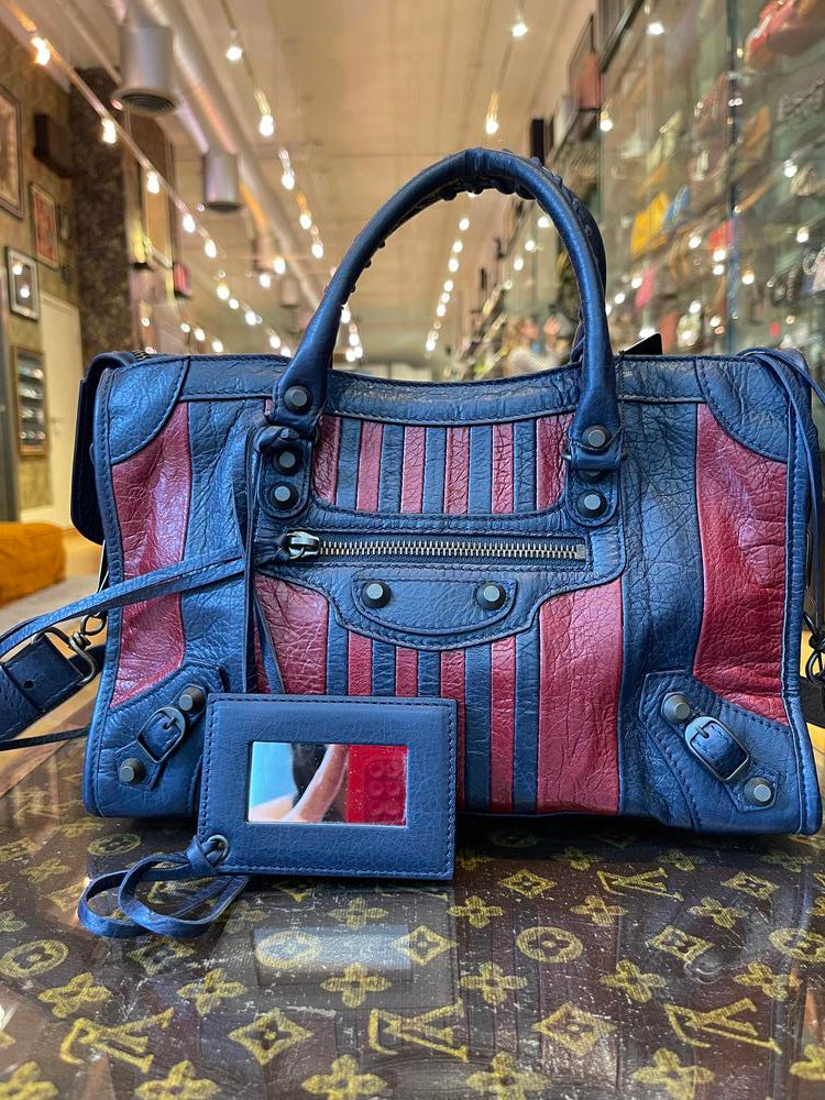 Balenciaga Classic City Bag Marine Bordeaux Striped