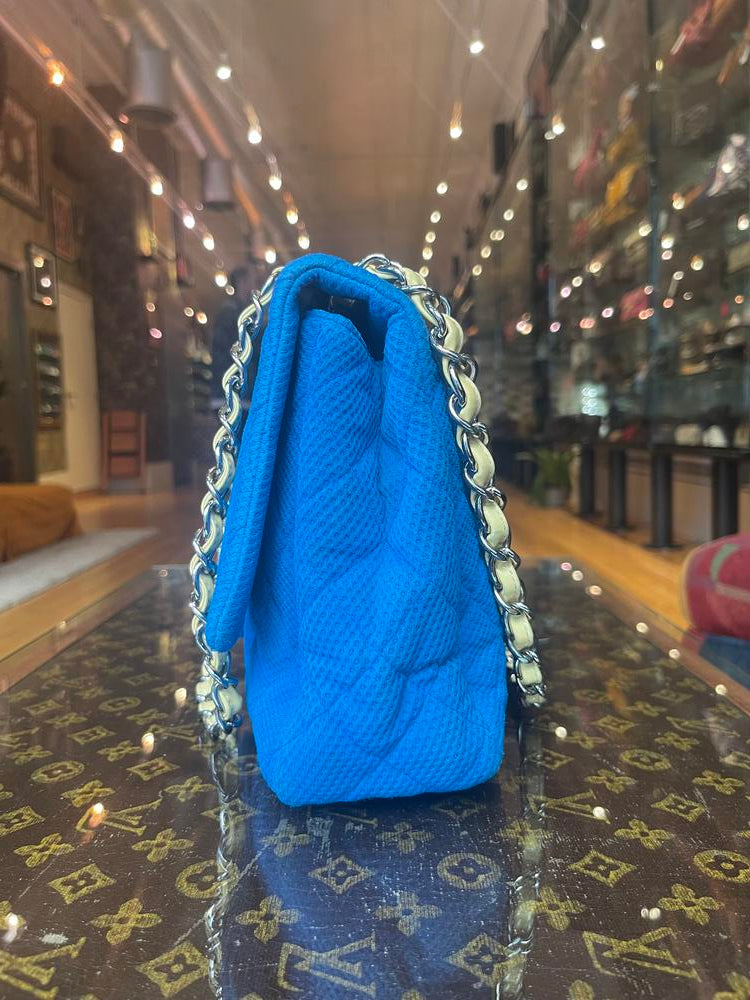 Chanel Blue Quilted Fabric Jumbo Flap Bag