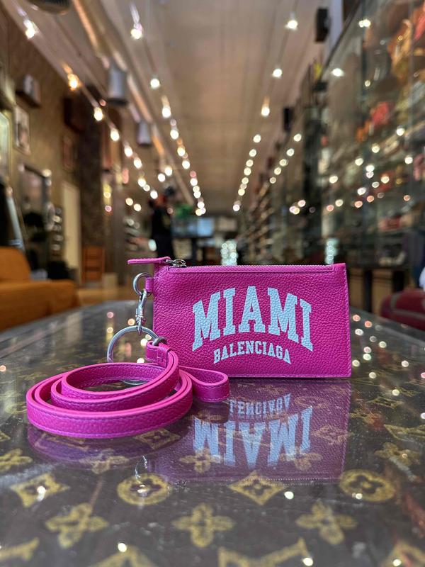 Balenciaga Cities Card Holder on Key Ring Miami Fuchsia