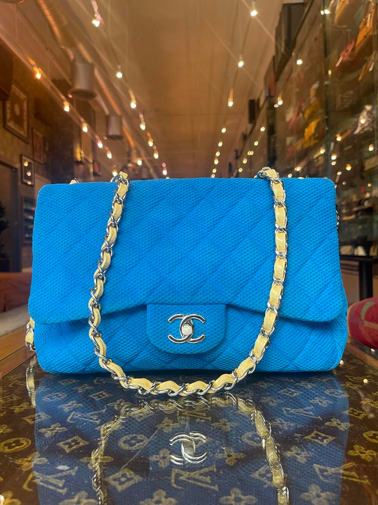 Chanel Blue Quilted Fabric Jumbo Flap Bag