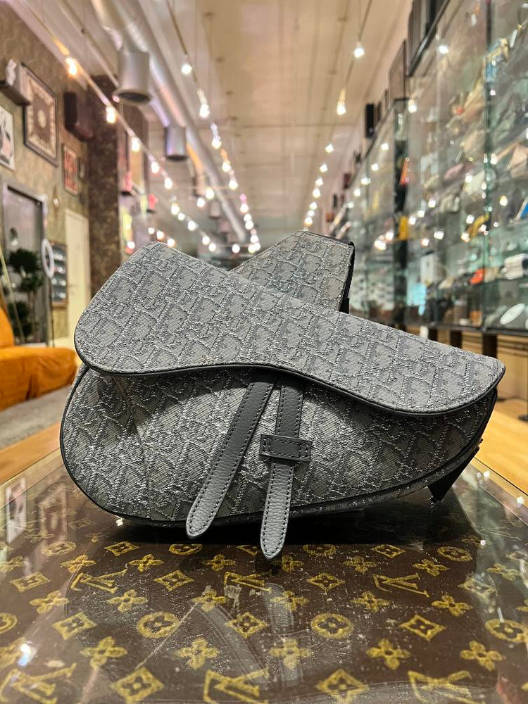 Dior Oblique Saddle Bag Grey/Silver Canvas and Leather