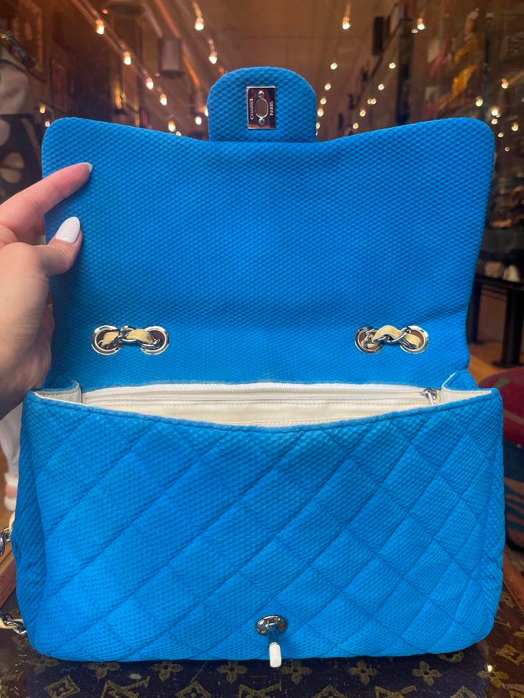 Chanel Blue Quilted Fabric Jumbo Flap Bag