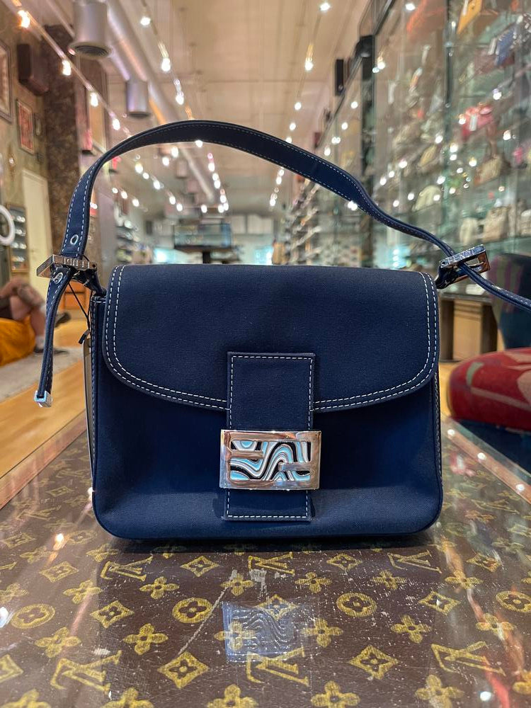 Fendi Wave Buckle Denim Baguette Navy